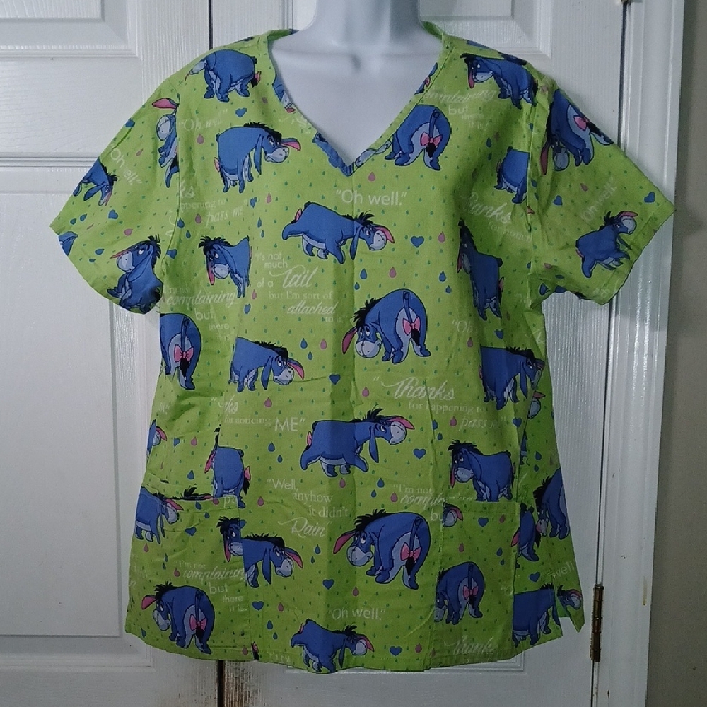 Disney Green Eeyore Print Scrub Top Sz L
